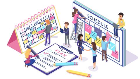 Illustration: Viele Menschen vor überlebensgroßen Kalendern und Notizzetteln planen und arbeiten