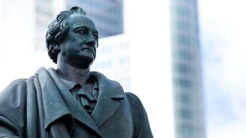 Eine Statue von Johann Wolfgang von Goethe. Im Hintergrund ist ein Gebäude zu erahnen.