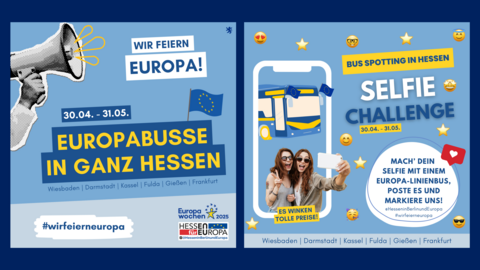Zwei Infokacheln nebeneinander zum Gewinnspiel über die Europabusse.