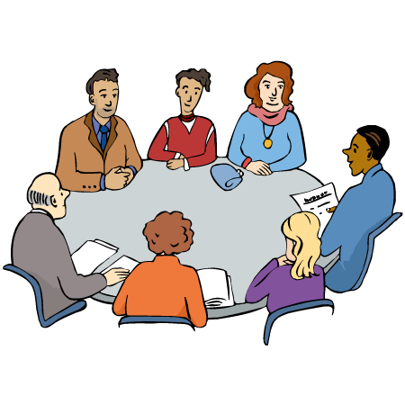 An einem Besprechungstisch sitzen Menschen vom Jugendamt zusammen mit einer Familie. Wie kann der Familie geholfen werden?